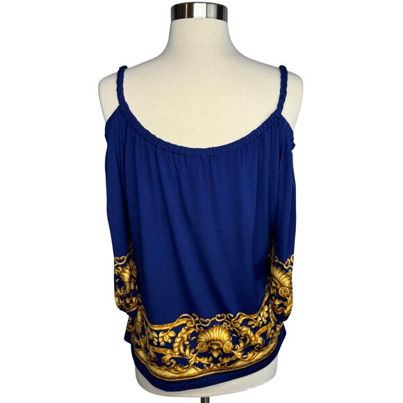 Vintage Cache Blue & Gold Baroque Pattern Cold Shoulder Blouse Size Medium - Picture 8 of 10